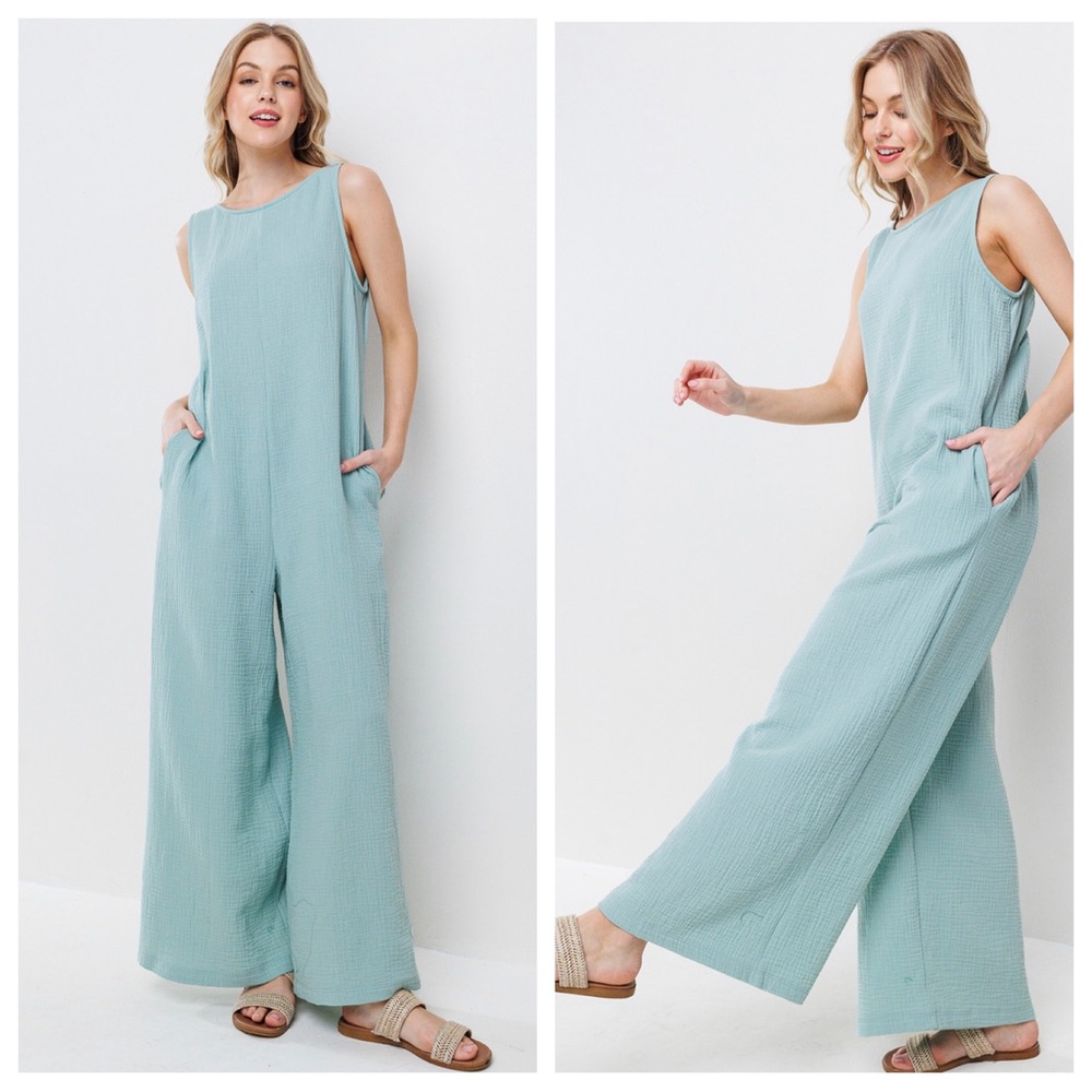 02 Gauze Solid Wide Leg Jumpsuit - Picture 2 of 4